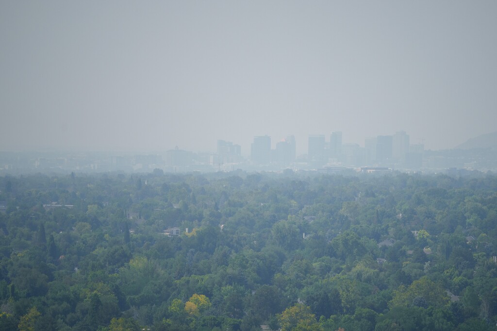 (Trent Nelson  |  The Salt Lake Tribune) Smoke from wildfires fills the Salt Lake Valley on Thursday, Aug. 8, 2024.