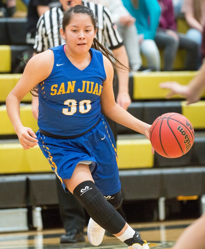 (Rick Egan  |  The Salt Lake Tribune)   San Juan guard Lyandra Benn (30), brings the ball down court, in 3A Women's basketball State playoff action Judge Memorial Vs. San Juan, in Heber City, Friday, Feb. 16, 2018.