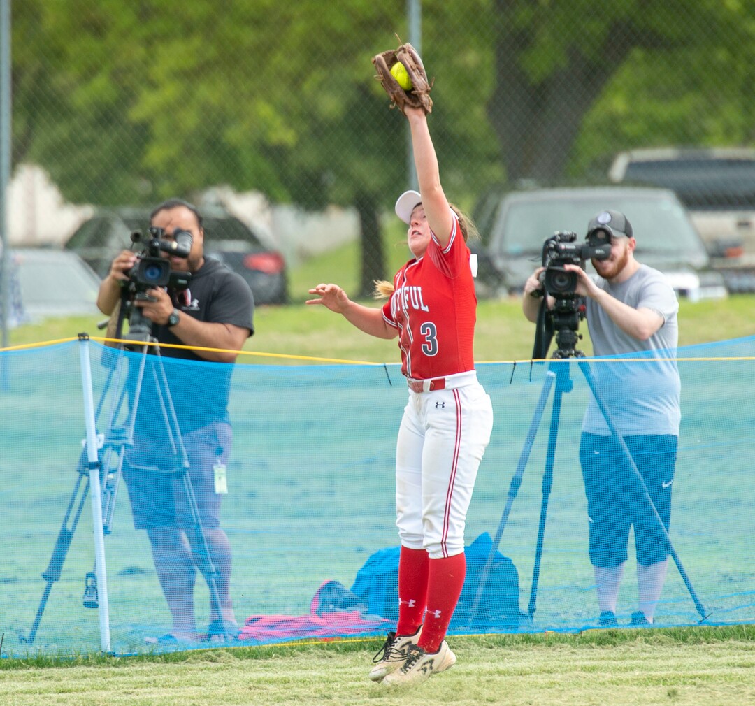 (Rick Egan  |  The Salt Lake Tribune)     Libbie Hawker snags a fly ball for Bountiful, in 5A state championship action between the West High Panthers and the Bountiful Braves, in Taylorsville, Thursday May 30, 2019