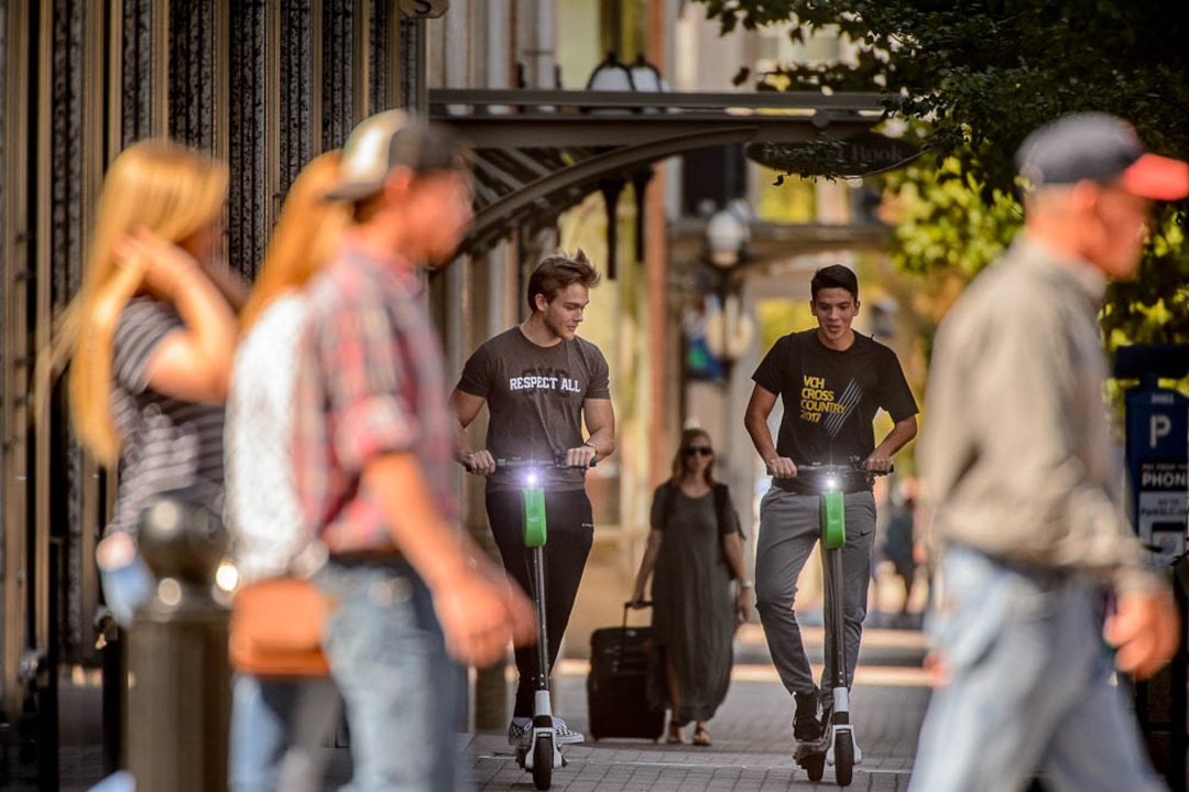 (Trent Nelson | The Salt Lake Tribune)  
Scooters have become a common sight in downtown Salt Lake City, Monday Sept. 10, 2018.