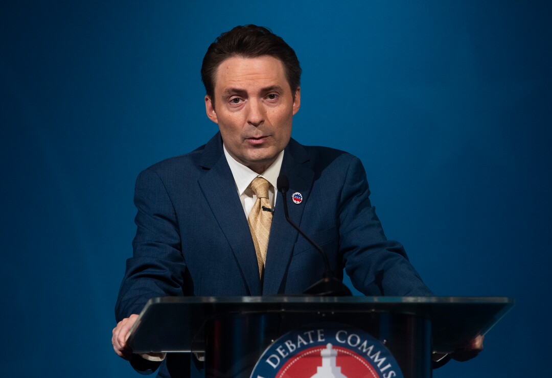 (Rick Egan  |  The Salt Lake Tribune)    J. Robert Latham (L) speaks during the 2nd Congressional District debate between J. Robert Latham (L), Chris Stewart (R) and Kael Weston (D), at KSL Studio in Salt Lake City, on Monday, October 19, 2020