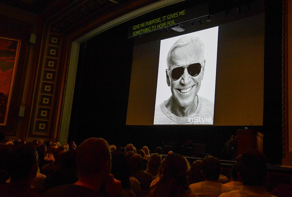 (Francisco Kjolseth  |  The Salt Lake Tribune)  A video plays a short history of Vice President Joe Biden before he takes to the stage to speak at Kingsbury Hall on the University of Utah campus on Thursday, Dec. 13, 2018, as part of the MUSE (My U Signature Experience) Project. 