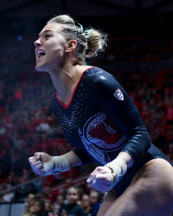 (Leah Hogsten  |  The Salt Lake Tribune) Tiffani Lewis celebrates her vault routine as the No. 4 Utah gymnasts host No. 20 Georgia in the final regular season meet at Jon M. Huntsman Center in Salt Lake City Friday, March 16, 2018.