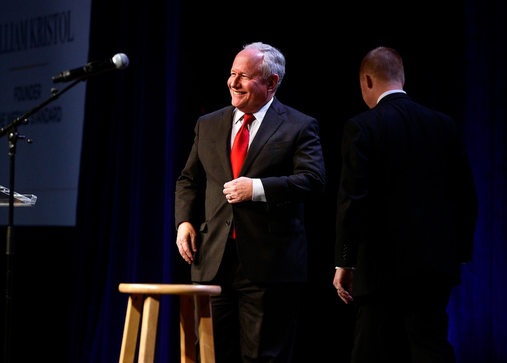 (Scott Sommerdorf   |  The Salt Lake Tribune)   Conservative pundit Bill Kristol takes the stage to deliver the keynote address at the Sutherland Institute's Annual Gala, Friday, November 3, 2017. 