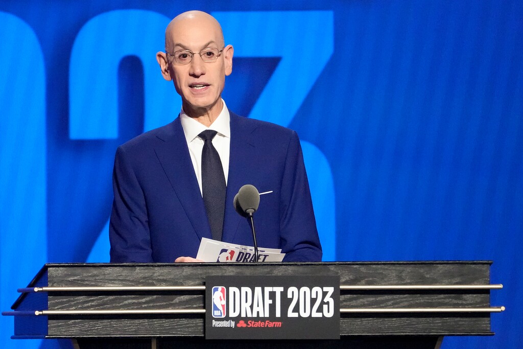 NBA Commissioner Adam Silver announces the 13th pick in the NBA basketball draft, Thursday, June 22, 2023, in New York. (AP Photo/John Minchillo)