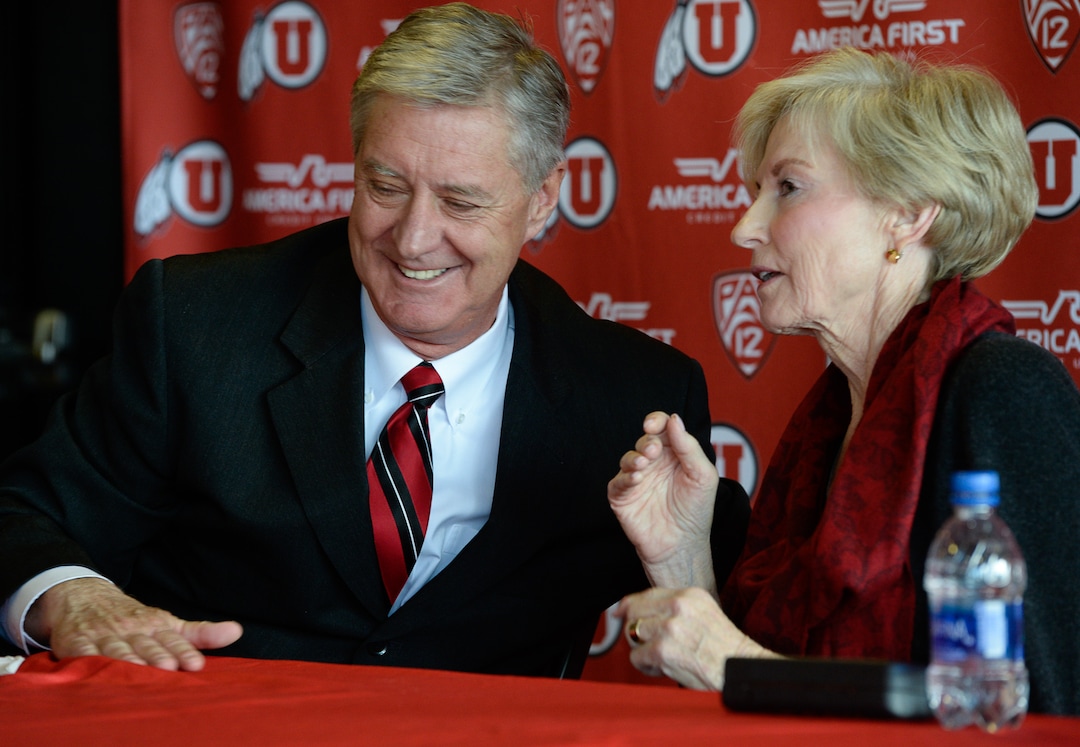 (Francisco Kjolseth  |  The Salt Lake Tribune)  University of Utah Athletics Director Chris Hill announces his plan to retire this spring after 31years. Joined by his wife Kathy and their kids and grandkids at the Jon M. Huntsman Center on campus on Monday, March 26, 2018, Hill is the longest actively tenured athletics director at the same school in the NCAA FBS.