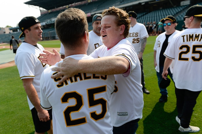 (Francisco Kjolseth  |  The Salt Lake Tribune)  Smalls (Tom Guiry) is embraced by Ham (Patrick Renna) as they join other members of the film "Sandlot" before the start of a Bees game. The Salt Lake Bees celebrate the 25th anniversary of the Utah-filmed movie with members of the original cast at the Smith's Ballpark on Friday, Aug. 10, 2018.