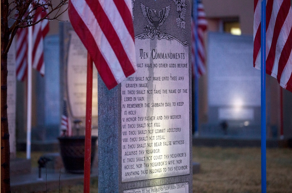 (Jon Austria | AP) Ten Commandments memorial is pictured in 2017 at Bloomfield City Hall in New Mexico. A Utah lawmaker wants to require public schools to display copies of the biblical precepts.