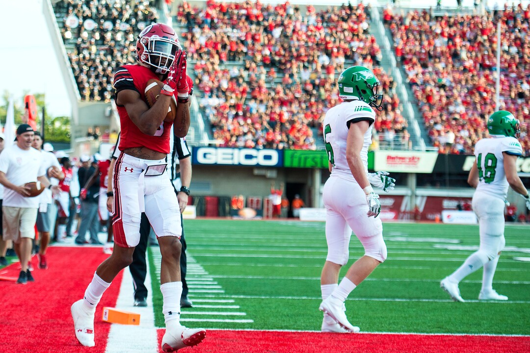 (Chris Detrick  |  The Salt Lake Tribune)  Utah Utes wide receiver Darren Carrington (9) celebrates his touchdown during the game at Rice-Eccles Stadium Thursday, August 31, 2017. Utah Utes are leading North Dakota Fighting Hawks 17-9 at halftime. 
