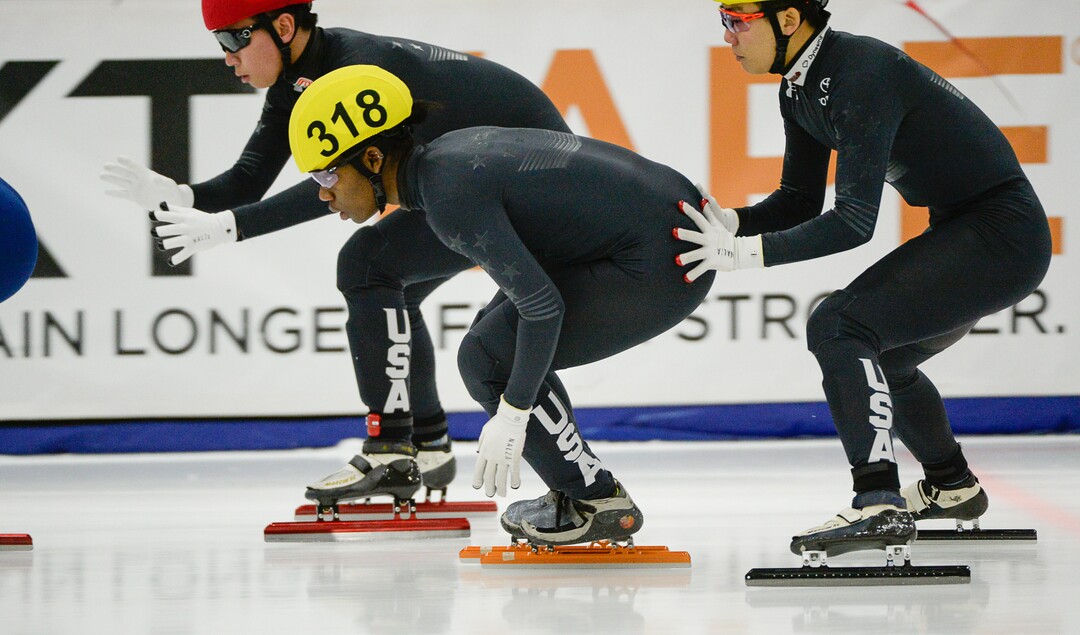 (Francisco Kjolseth  |  The Salt Lake Tribune) Maame Biney, center, competes in the 2000 meter mixed semifinal relay race as part of the U.S. Short Track Speedskating championships on Friday, Jan. 3, 2020, at the Utah Olympic Oval in Kearns.