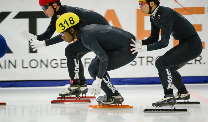 (Francisco Kjolseth  |  The Salt Lake Tribune) Maame Biney, center, competes in the 2000 meter mixed semifinal relay race as part of the U.S. Short Track Speedskating championships on Friday, Jan. 3, 2020, at the Utah Olympic Oval in Kearns.