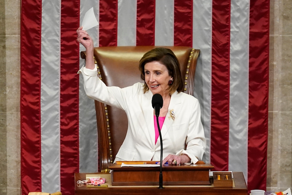 (AP Photo | J. Scott Applewhite) Speaker of the House Nancy Pelosi, D-Calif., presides over House passage of President Joe Biden's expansive social and environment bill, at the Capitol in Washington, Friday, Nov. 19, 2021.