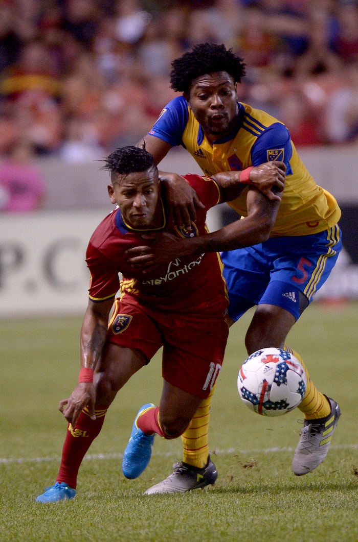 (Leah Hogsten  |  The Salt Lake Tribune) Real Salt Lake forward Joao Plata (10) battles Colorado Rapids defender Mekeil Williams (5).   Real Salt Lake are 2-0 against the Colorado Rapids for the Rocky Mountain Cup at Rio Tinto Stadium, Saturday, August 26, 2017. 