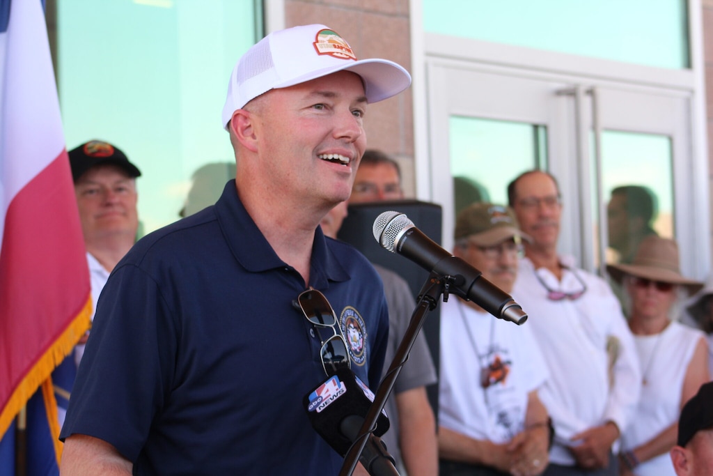 (Doug McMurdo | The Times-Independent) Gov. Spencer Cox speaks at a ribbon cutting ceremony at Utahraptor State Park on Friday, May 23.