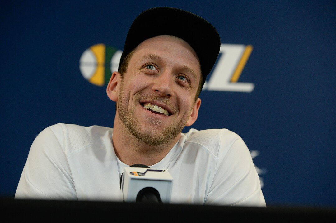 (Francisco Kjolseth  |  The Salt Lake Tribune)  Utah Jazz      forward Joe Ingles has a laugh with the media as he teases about "stupid questions," with the media during exit interviews at their practice facility in Salt Lake City Wed., May 8, 2018, after losing to the Houston Rockets in game 5 of their Western Conference Semifinals during the 2018 NBA Playoffs.