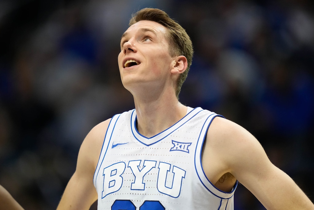 (Francisco Kjolseth | The Salt Lake Tribune) Brigham Young Cougars senior guard Spencer Johnson (20) as BYU hosts Evansville in NCAA basketball in Provo, Utah on Tuesday, Dec. 5, 2023.