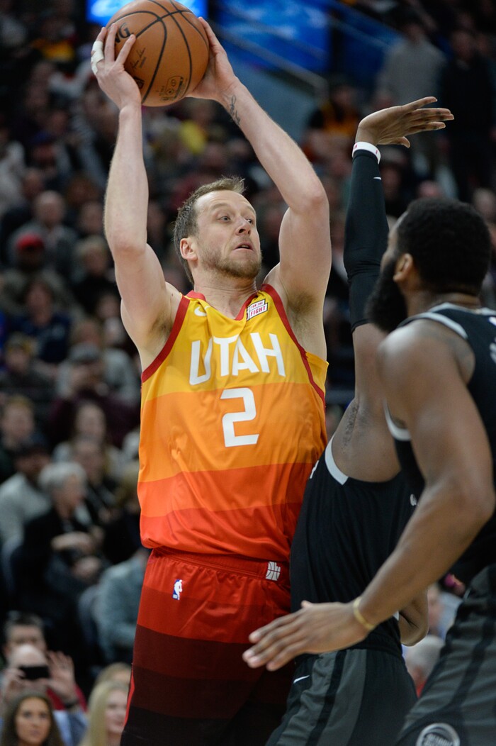 (Francisco Kjolseth  |  The Salt Lake Tribune)  Utah Jazz forward Joe Ingles (2) looks for an open teammate against the Pistons in the first half of their NBA game at Vivint Smart Home Arena Monday, Jan. 14, 2019, in Salt Lake City.