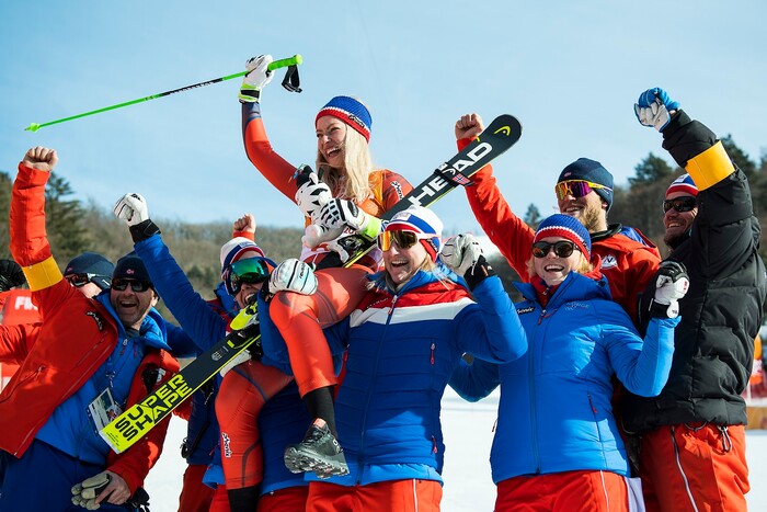 (Chris Detrick  |  The Salt Lake Tribune)  Norway's Ragnhild Mowinckel celebrates after winning silver in the Ladies' Giant Slalom at Yongpyong Alpine Centre during the Pyeongchang 2018 Winter Olympics Thursday, Feb. 15, 2018. Mowinckel won silver with a time of 2:20.41.