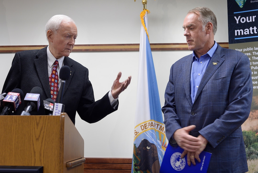 (Scott Sommerdorf | The Salt Lake Tribune)  Senator Orrin Hatch, R-Utah, introduces Secretary of the Interior Ryan Zinke, who spoke at a brief press conference after having met with members of the Bears Ears Commission Sunday at the Bureau of Land Management office at the Gateway in Salt Lake City, Sunday, May 7, 2017.
