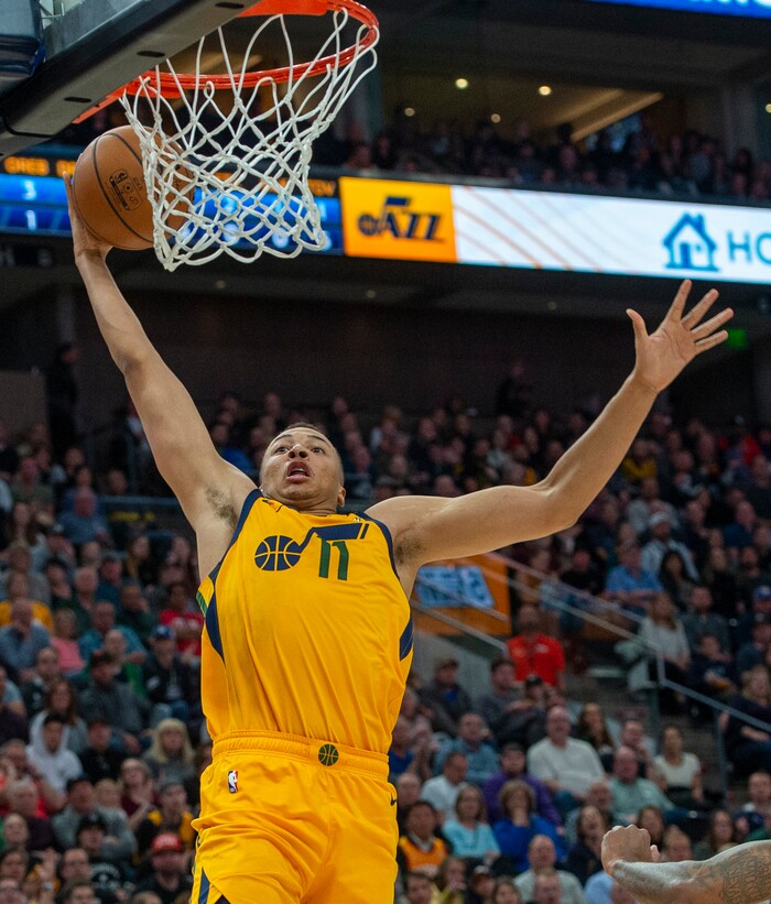 (Rick Egan  |  The Salt Lake Tribune)     Utah Jazz guard Dante Exum (11) goes in for a slam dunk after stealing the ball, in NBA action between the Utah Jazz and the Minnesota Timberwolves in Salt Lake City, Monday, Nov. 18, 2019.