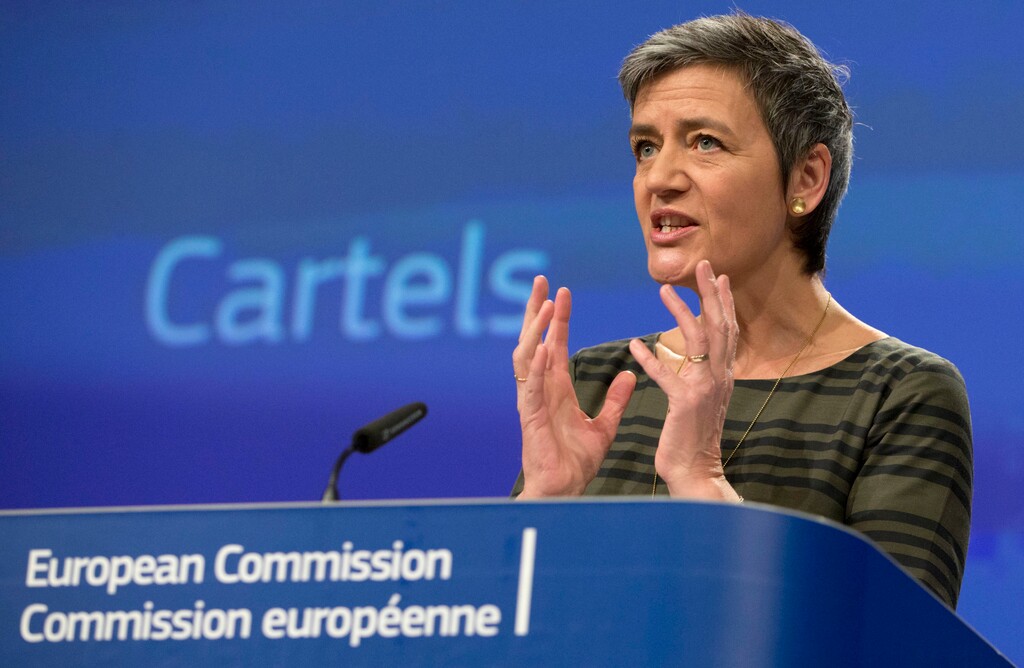 (Virginia Mayo | AP) European Commissioner for Competition Margrethe Vestager speaks during a media conference at EU headquarters in Brussels on Wednesday, Feb. 21, 2018. The European Union's anti-trust watchdog is sounding the warning to business cartels by announcing fines totaling more than half a billion euros (600 million US dollars) in three anti-trust cases.
