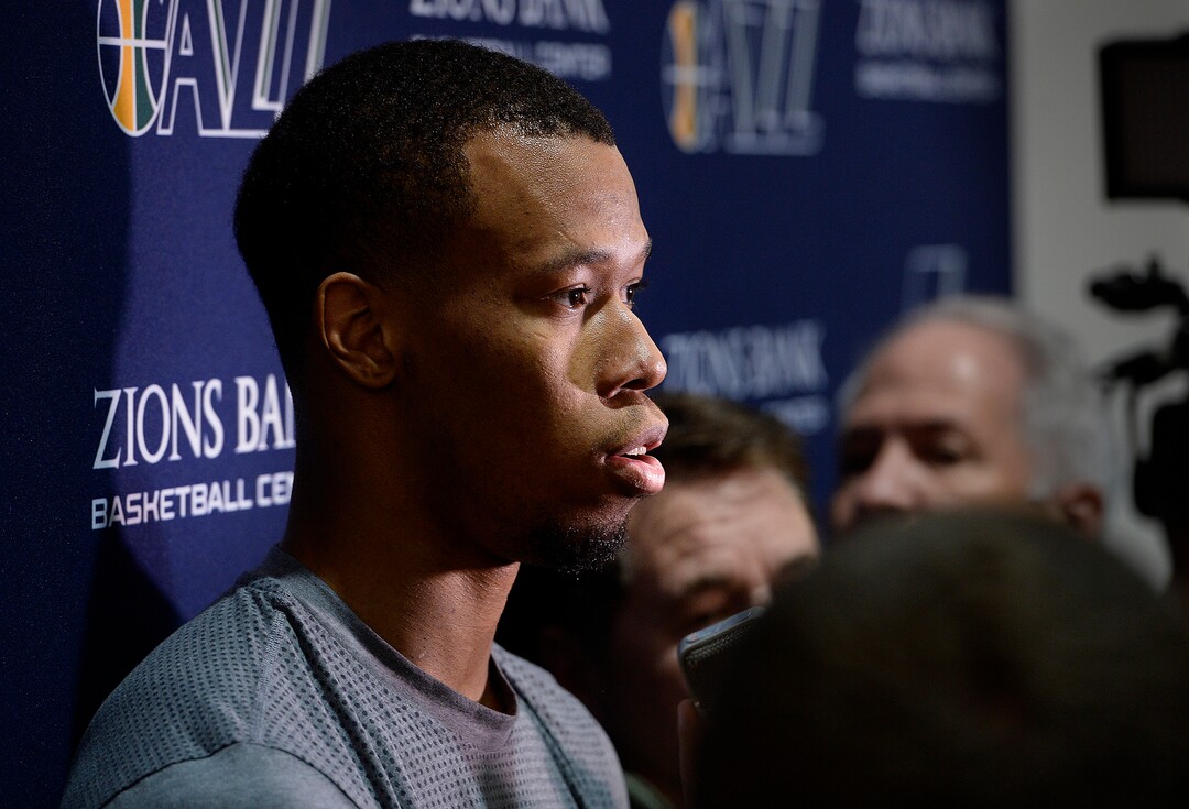 Scott Sommerdorf | The Salt Lake TribuneRodney Hood speaks at the Jazz practice facility, Thursday, April 27, 2017. 