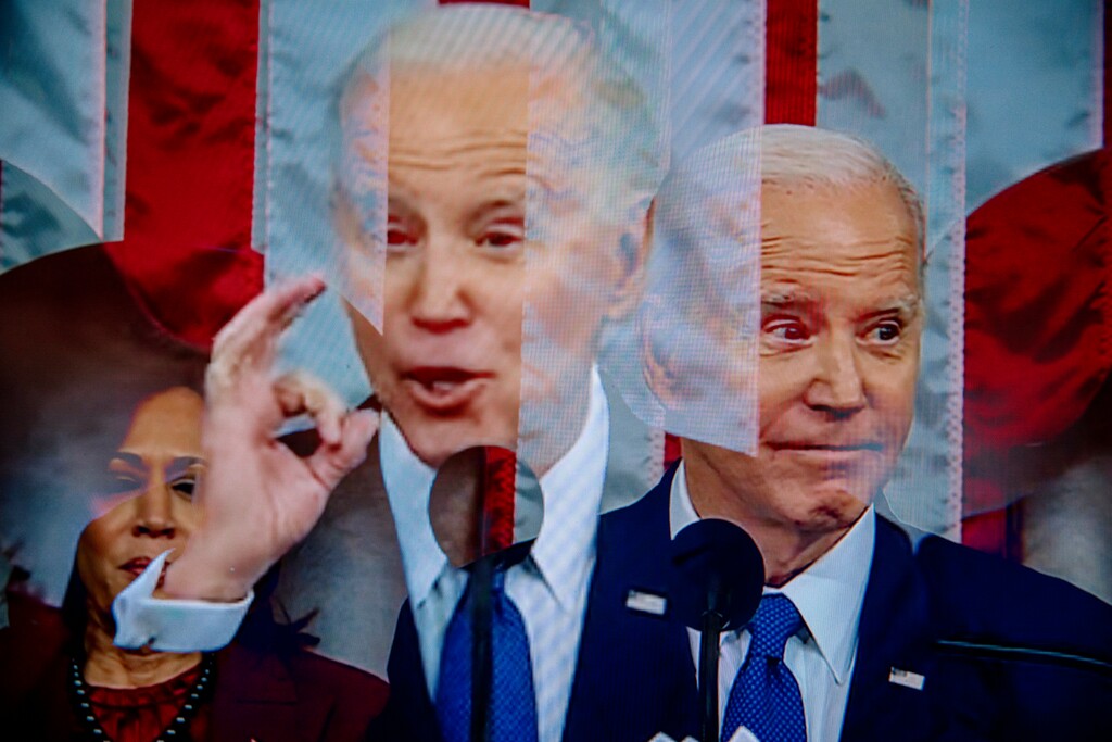 (Mark Abramson | The New York Times)

A multiple exposure image from video broadcast of President Jose Biden and Vice President Kamala Harris during the State of the Union Address in Washington, Feb. 7, 2023.