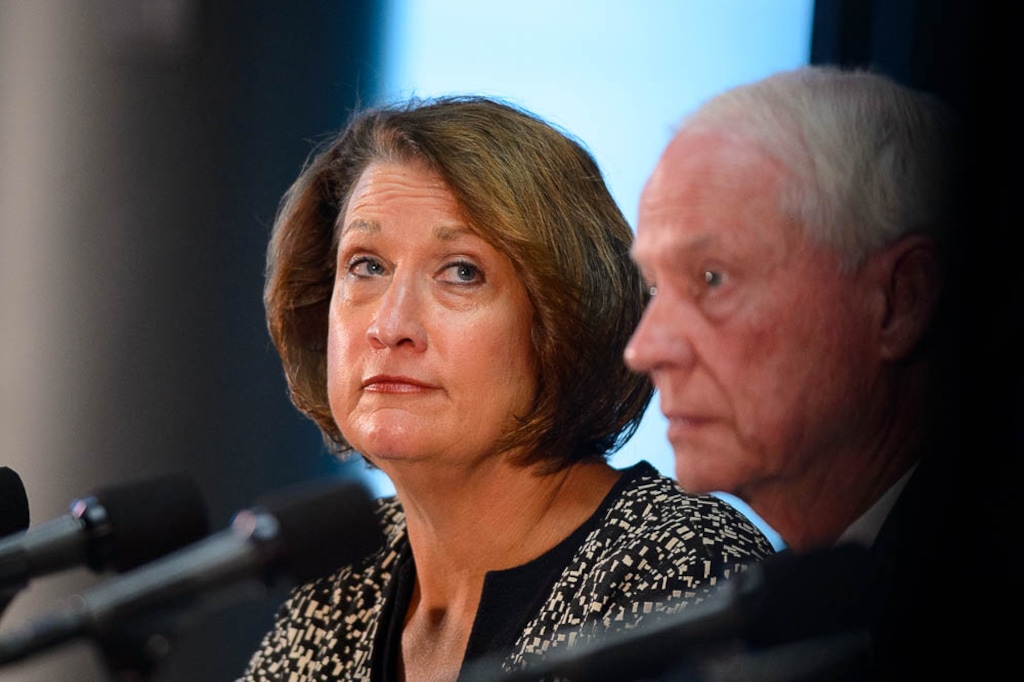 (Trent Nelson | The Salt Lake Tribune)University of Utah President Ruth V. Watkins speaks at a news conference presenting the findings of a review of the Lauren McCluskey case, in Salt Lake City on Wednesday Dec. 19, 2018. John T. Nielsen at right.