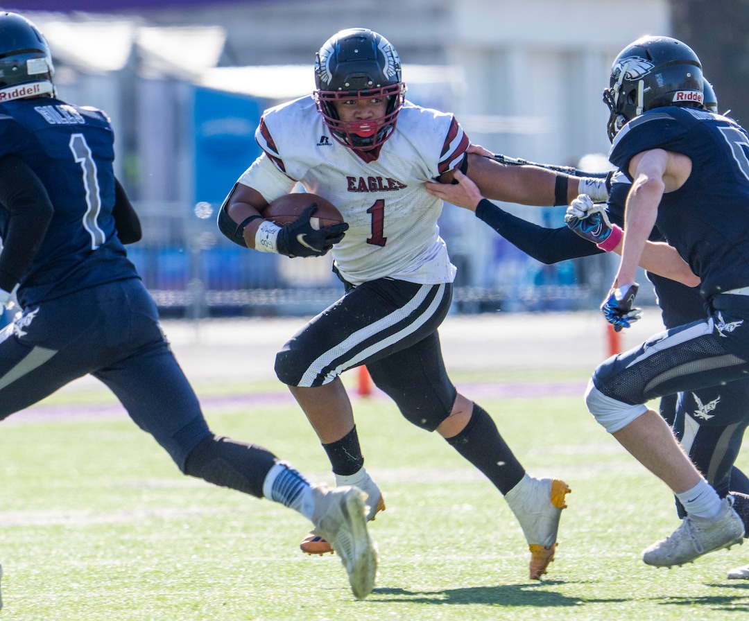(Rick Egan | The Salt Lake Tribune) Layton Christian Academy running back Manu Lutui Vaitaki (1) runs the ball for the eagles, in 1A Football Championship action between the Duchesne Eagles and the Layton Christian Academy Eagles, at the Elizabeth Dee Shaw Stewart Stadium in Ogden, on Saturday, Nov. 13, 2021.