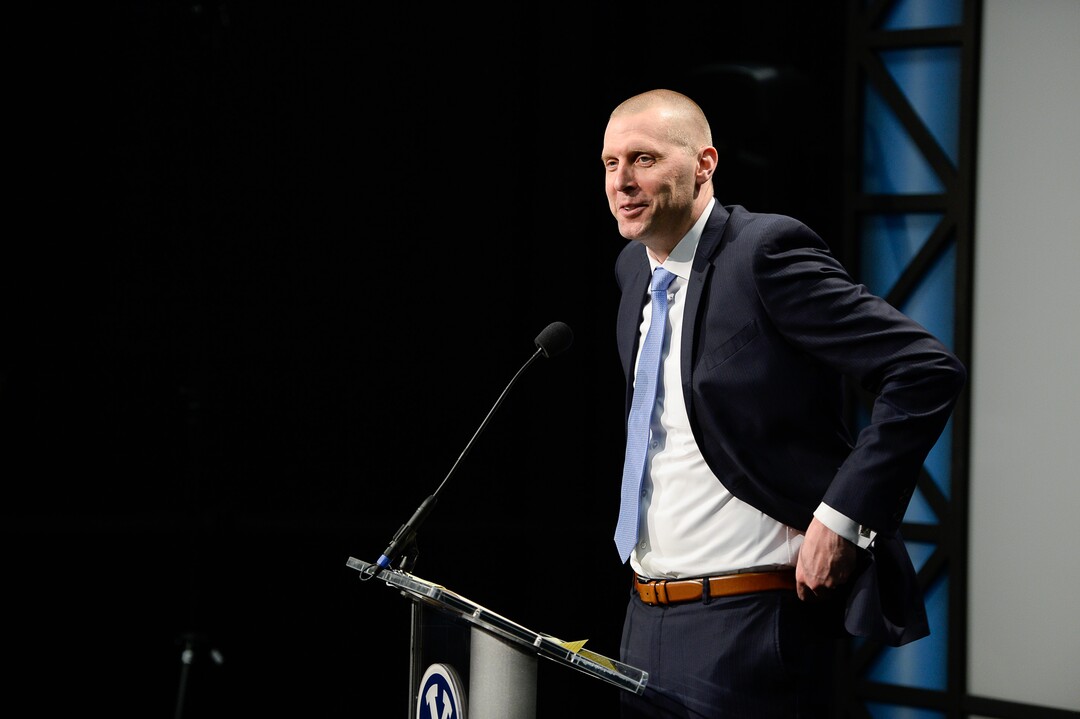 (Francisco Kjolseth  |  The Salt Lake Tribune)  Mark Pope is introduced as BYU's new head basketball coach during a press event at the BYU broadcasting building on Wed. April 10, 2019.