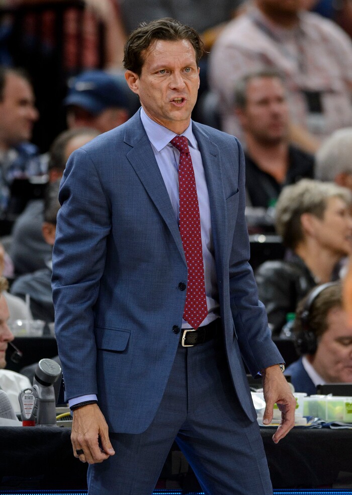 (Steve Griffin  |  The Salt Lake Tribune) Utah Jazz head coach Quin Snyder yells instructions to his team during the Utah Jazz versus Denver Nuggets NBA basketball game at Vivint Smart Home Arena  in Salt Lake City Tuesday November 28, 2017.