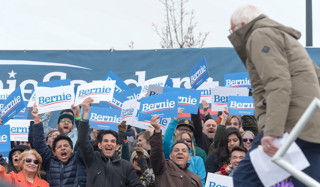 (Leah Hogsten  |  The Salt Lake Tribune) Democratic Presidential candidate, Vermont Sen. Bernie Sanders rallies his supporters at the Utah State Fairpark, Mar. 2, 2020, one day before UtahÕs Super Tuesday primary.