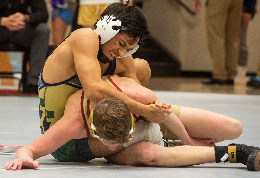 (Rick Egan | The Salt Lake Tribune)  Kaden Ercanbrack (Juab) wrestles Edgar Renteria (Snow Canyon) in the 113 division at the High School All Star wrestling event in Orem, on Tuesday, Jan. 12, 2021.