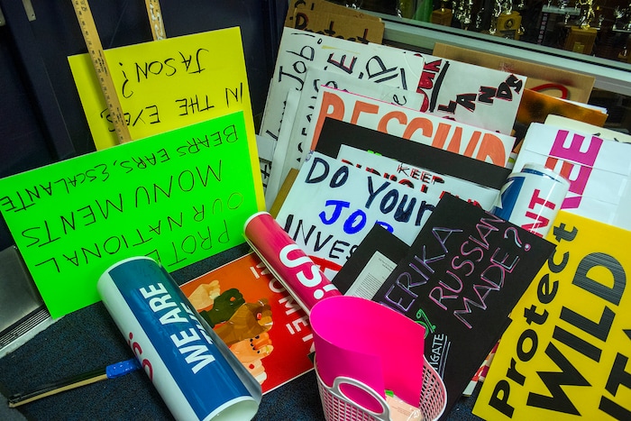Chris Detrick  |  The Salt Lake Tribune
Signs that are too big to be brought into the auditorium are left in the lobby before the town-hall meeting with U.S. Rep. Jason Chaffetz, R-Utah, in Brighton High School Thursday February 9, 2017. 