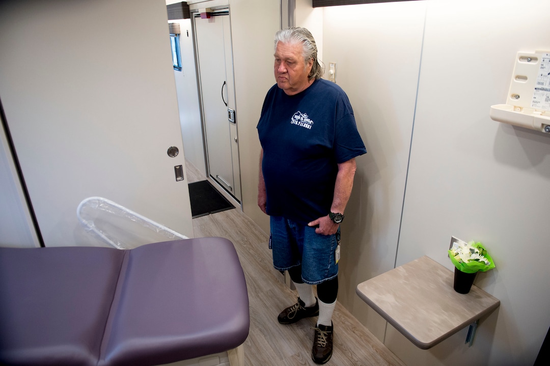 (Jeremy Harmon  | The Salt Lake Tribune) Jeff Williams of the Fourth Street Clinic's consumer advisory board, tours their new mobile clinic on Thursday, May 9, 2019. The clinic will serve Salt Lake City's homeless population at three new resource centers and in conjunction with other organizations that provide homeless services.