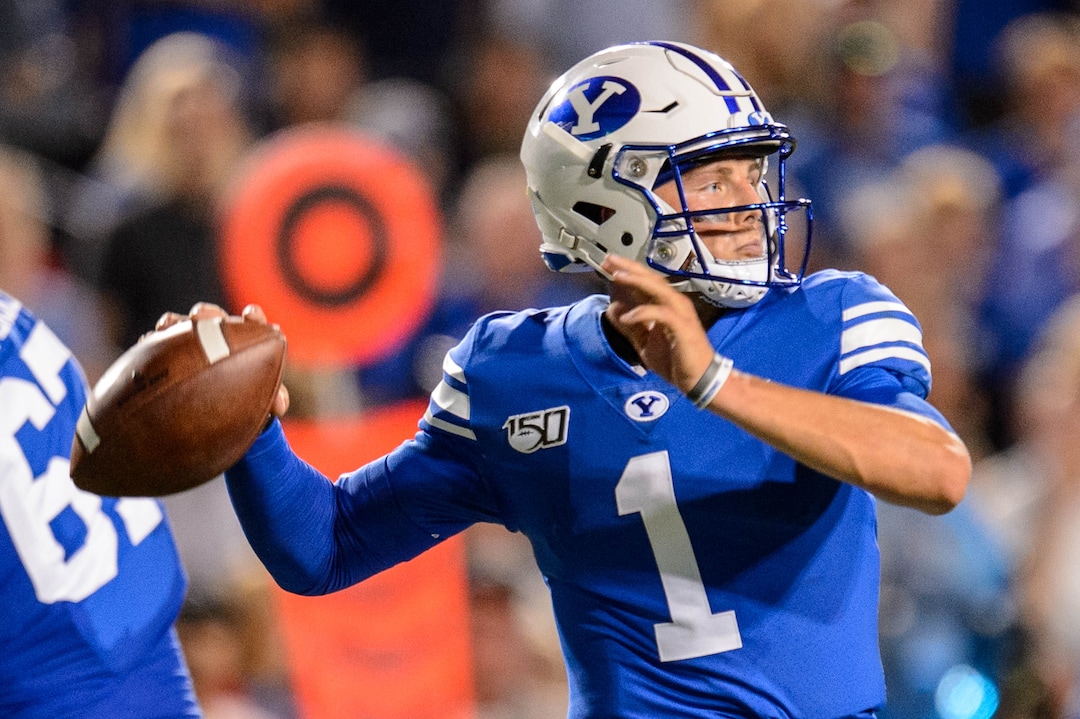 (Trent Nelson  |  The Salt Lake Tribune)  Brigham Young Cougars quarterback Zach Wilson (1) as Brigham Young University (BYU) hosts the University of Utah, NCAA football in Provo on Thursday Aug. 29, 2019.