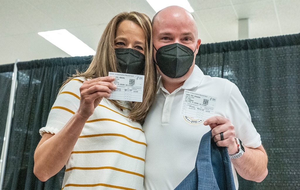 (Leah Hogsten | The Salt Lake Tribune) First lady Abby Cox and Gov. Spencer Cox receive their first COVID-19 vaccine from Utah County Health Department in Spanish Fork, March 25, 2021.