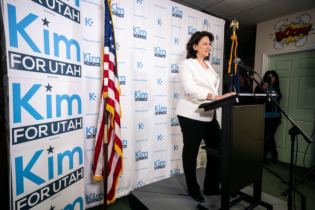 (Trent Nelson  |  The Salt Lake Tribune)  Kim Coleman announces her candidacy to represent Utah’s 4th Congressional District, in West Jordan on Saturday, Jan. 4, 2020.