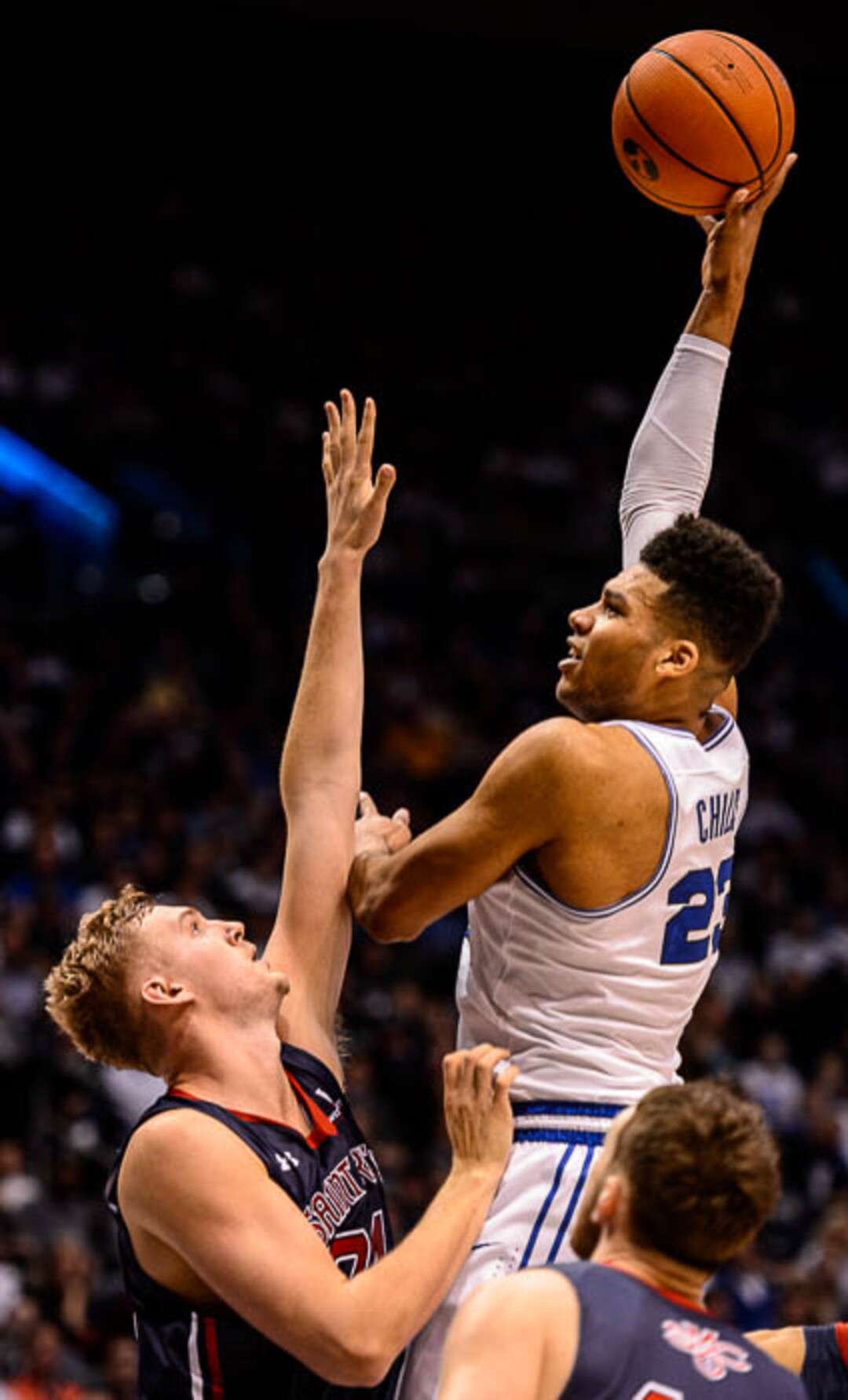 (Trent Nelson | The Salt Lake Tribune)   Brigham Young Cougars forward Yoeli Childs (23) shoots over St. Mary's Gaels center Jock Landale (34) as BYU hosts the St. Mary's Gaels, NCAA basketball in Provo, Saturday December 30, 2017.