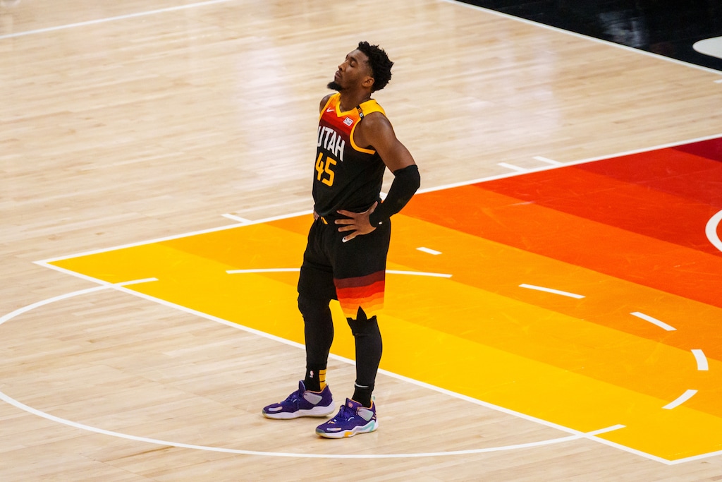 (Trent Nelson | The Salt Lake Tribune) Utah Jazz guard Donovan Mitchell (45) with the Jazz trailing by 5 in the final minute, as the Utah Jazz host the Los Angeles Clippers in a Game 5 matchup, NBA basketball in Salt Lake City on Wednesday, June 16, 2021.