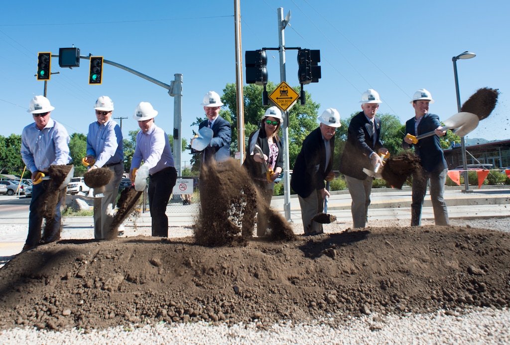 (Rick Egan  |  The Salt Lake Tribune)     Salt Lake County Mayor Ben McAdams, South Salt Lake Mayor Cherie Wood, UTA’s Interim Executive Director Steve Meyer, WFRC Executive Director Andrew Gruber, Mark Isaac, Principal, Pinyon8 Consulting LLC and South Salt Lake City Council members join other local leaders to break ground on construction of UTA’s S-Line double track project, Monday, June 11, 2018.