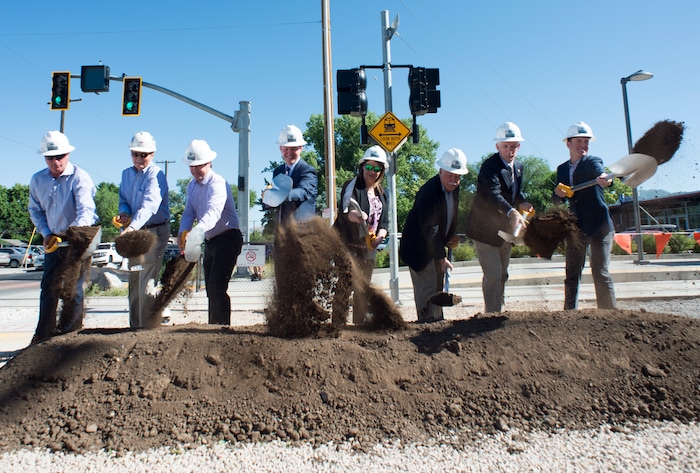 (Rick Egan  |  The Salt Lake Tribune)     Salt Lake County Mayor Ben McAdams, South Salt Lake Mayor Cherie Wood, UTA’s Interim Executive Director Steve Meyer, WFRC Executive Director Andrew Gruber, Mark Isaac, Principal, Pinyon8 Consulting LLC and South Salt Lake City Council members join other local leaders to break ground on construction of UTA’s S-Line double track project, Monday, June 11, 2018.