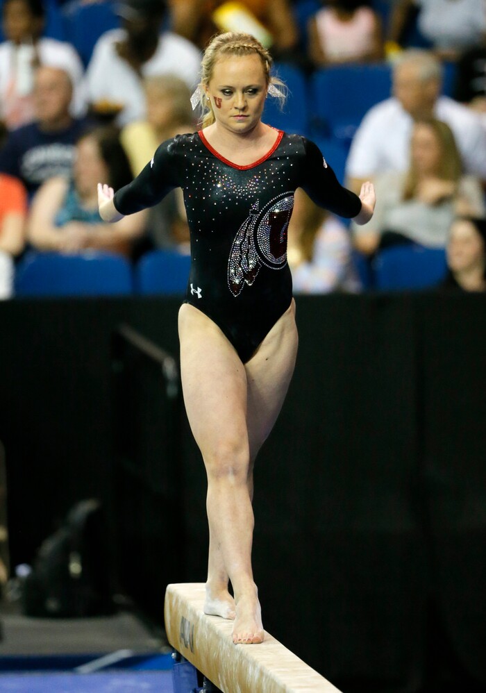 Utah's Maddy Stover competes on the balance beam during the NCAA women's gymnastics championships, Friday, April 15, 2016, in Fort Worth, Texas. (AP Photo/Tony Gutierrez)