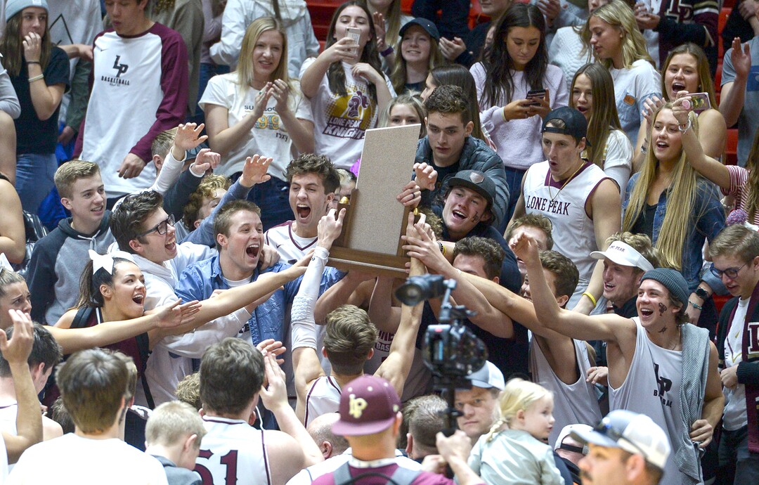 (Leah Hogsten  |  The Salt Lake Tribune) Lone Peak defeated Pleasant Grove 61-44 to win the 6A High School Boys’ Basketball Tournament Championship at the Jon M. Huntsman Center in Salt Lake City, Saturday, March 3, 2018. 