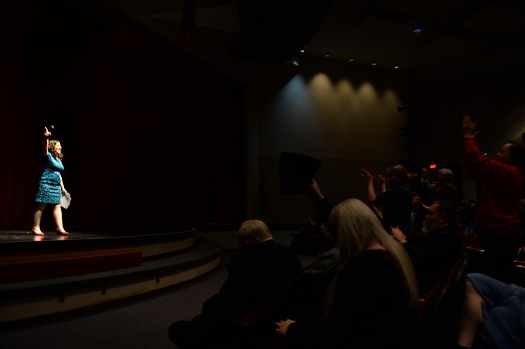 (Rick Egan  |  The Salt Lake Tribune)     Shireen Ghorbani speaks to the Salt Lake County Democratic Party's Central Committee members, as one of 10 candidates vying the at-large Country Council seats left vacant by now-Salt Lake County Mayor Jenny Wilson, at Eisenhower Jr High, Saturday, Feb. 23, 2019.