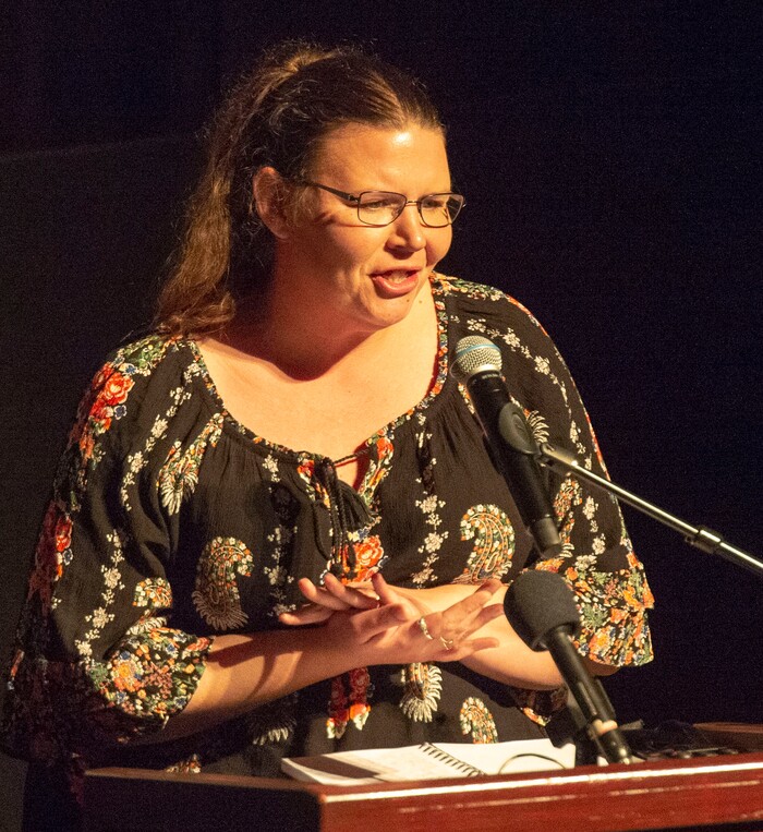 (Rick Egan  |  The Salt Lake Tribune)      Brenda Morris speaks at the memorial service for his uncle, Robert "Archie" Archuleta, at the Rose Wagner Theatre, Saturday, March 2, 2019.


