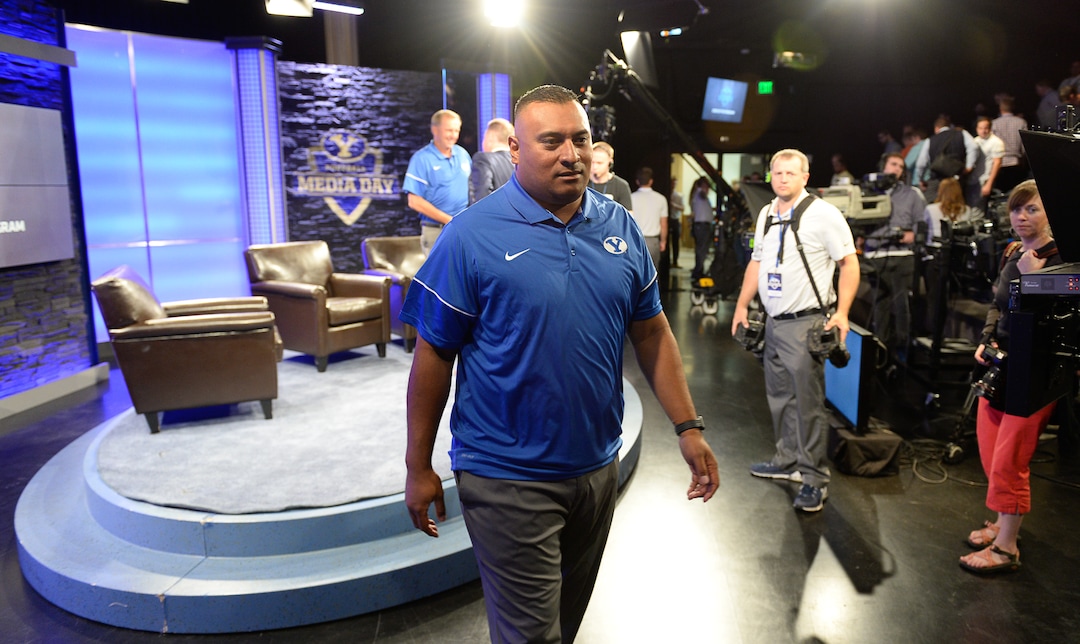 Francisco Kjolseth | The Salt Lake TribuneBYU head coach Kalani Sitake concludes a roundtable discussion in Studio C of the broadcast center as part of BYU Football Media Day on Friday, June 23, 2017.