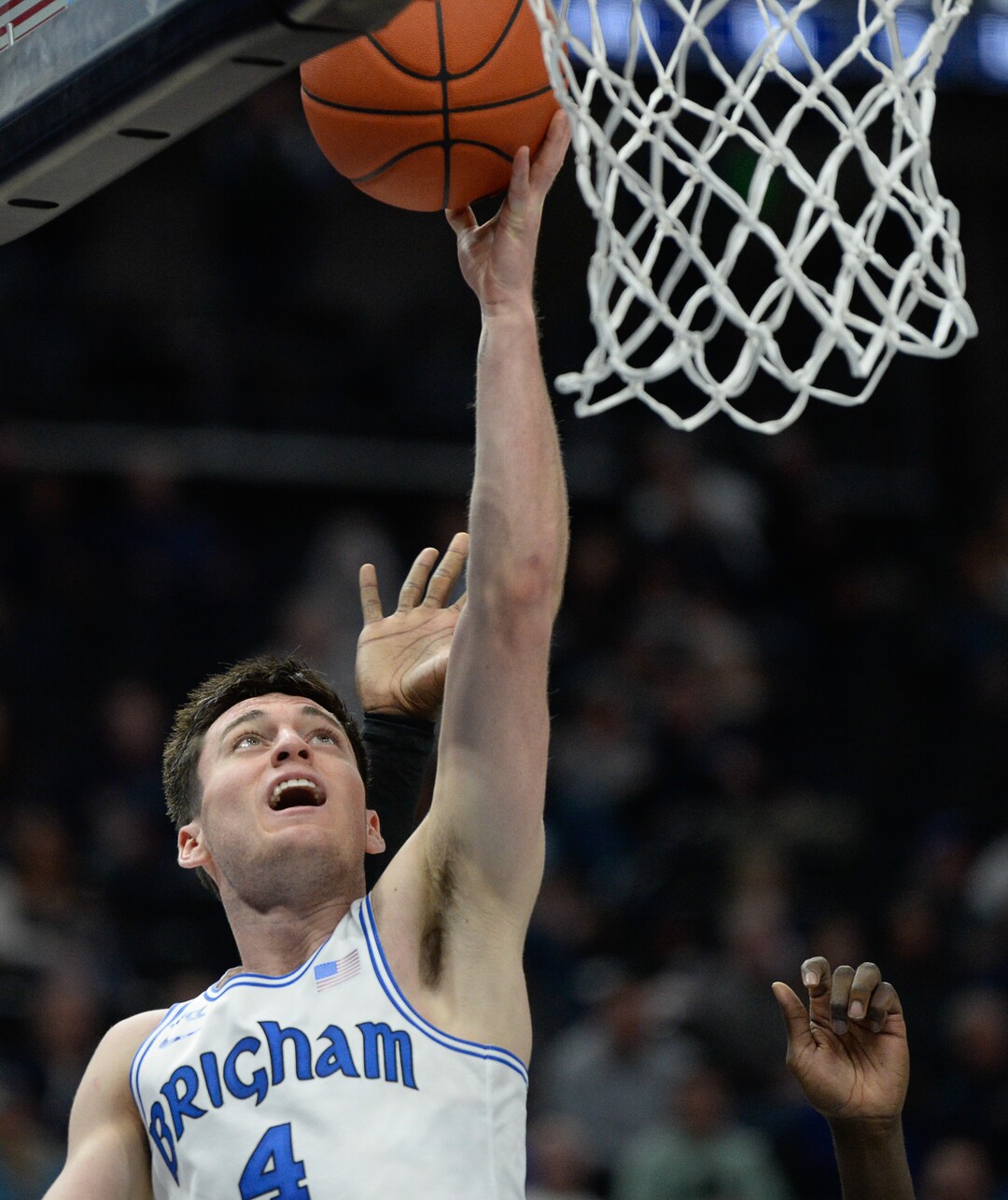 (Francisco Kjolseth  |  The Salt Lake Tribune)  Brigham Young Cougars guard Alex Barcello (4) sees his mark as BYU takes on UNLV in men's NCAA basketball at Vivint Smart Home Arena in Salt Lake City on Sat. Dec. 7, 2019.