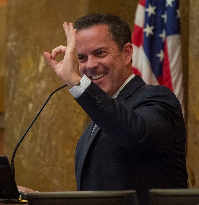 (Rick Egan  |  The Salt Lake Tribune)  Speaker of the House Brad Wilson jokes with one of the Representatives, as lawmakers worked late in the evening, on the final day of the 2019 legislature, Thursday, March 14, 2019. 


