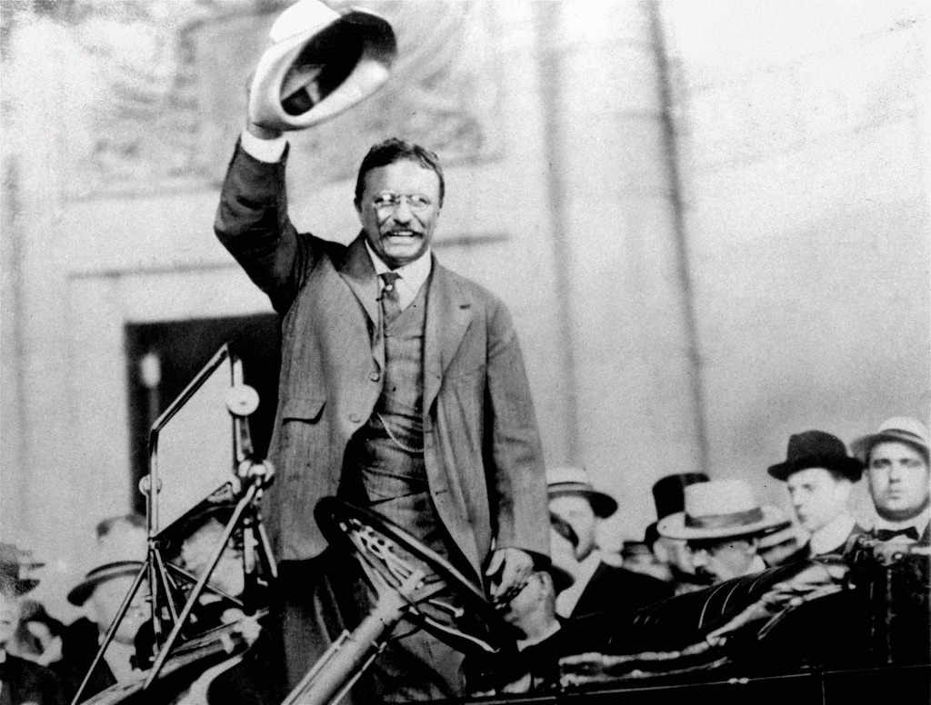 In this 1904 AP file photo, Theodore Roosevelt campaigns for the presidency.